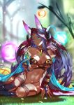  1girl animal_ears blue_eyes breasts fate/grand_order fate_(series) fox_ears highres hood horns jewelry junkbox large_breasts long_hair navel pixiv_fate/grand_order_contest_2 purple_hair queen_of_sheba_(fate/grand_order) revealing_clothes sitting smile solo 