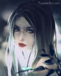  1girl bare_shoulders black_hair blue_eyes blurry blurry_background bokeh close-up closed_mouth depth_of_field face freckles highres lips long_hair looking_at_viewer multicolored_hair original profile solo two-tone_hair watermark web_address wenqing_yan white_hair 