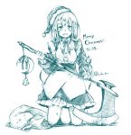  1girl :d axe bangs bell blush bow bowtie buttons character_request crescent dated eyebrows_visible_through_hair hat highres holding holding_axe holding_weapon kneeling looking_at_viewer maid merry_christmas monochrome open_mouth santa_hat short_hair simple_background smile solo touhou touhou_(pc-98) wadante weapon white_background 