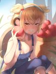  1girl alternate_costume anchira_(granblue_fantasy) animal_ears blonde_hair blush breasts clenched_teeth erune food fruit granblue_fantasy hairband hat highres hot looking_at_viewer monkey_ears sitting small_breasts smile solo straw_hat suspenders sweat teeth white_hairband yellow_eyes yukiyama_momo 