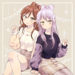  2girls alternate_hairstyle bang_dream! bangs beige_background beige_skirt bow_by_hair brown_eyes brown_hair commentary_request earrings fur-trimmed_sleeves fur_trim grey_legwear hair_between_eyes hand_holding hand_up imai_lisa jewelry knee_up lavender_hair long_hair looking_at_viewer minato_yukina muchise multiple_girls open_mouth panties paw_pose pencil_skirt purple_hair purple_shirt shirt sitting skirt smile string_of_flags underwear white_shirt yellow_eyes yuri 