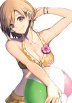  1girl aiba_yumi arm_up ball bangle bare_shoulders beachball blonde_hair bracelet breasts brown_eyes cleavage collarbone commentary_request floral_print halterneck head_tilt holysnow idolmaster idolmaster_cinderella_girls jewelry looking_at_viewer medium_breasts short_hair simple_background smile solo swimsuit 