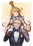  1boy 1girl ^_^ animal_ears black_footwear blonde_hair blue_bow blush boots bow bowtie charlotta_fenia closed_eyes commentary_request crown facial_hair gauntlets granblue_fantasy hinami_(hinatamizu) long_hair monocle mustache pointy_ears revision sevastian_(granblue_fantasy) silver_hair sitting_on_shoulder smile very_long_hair 