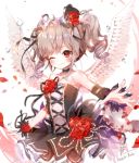  1girl :q b_rock bare_shoulders black_choker blush character_name choker closed_mouth commentary_request crib detached_sleeves drill_hair feathered_wings flower hair_flower hair_ornament hat idolmaster idolmaster_cinderella_girls kanzaki_ranko looking_at_viewer mini_hat one_eye_closed red_eyes red_flower red_rose rose signature smile solo standing tongue tongue_out top_hat twin_drills twintails white_wings wings 