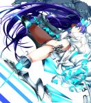  1girl blue_eyes blue_ribbon boots breasts crotch_plate dress fate/grand_order fate_(series) hair_ribbon highres juliet_sleeves long_hair long_sleeves looking_at_viewer meltlilith navel pixiv_fate/grand_order_contest_2 puffy_sleeves purple_hair revealing_clothes ribbon sleeves_past_fingers small_breasts smile solo very_long_hair white_dress 