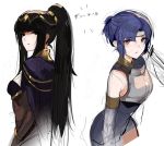  2girls adjusting_hair armor bangs bare_shoulders black_hair blue_eyes blue_hair blunt_bangs bodystocking bodysuit bracelet breastplate breasts cape chest_armor circlet cleavage commentary elbow_gloves fire_emblem fire_emblem:_kakusei fire_emblem:_mystery_of_the_emblem fire_emblem_heroes from_side gloves hair_ornament hair_tucking headband high_ponytail jewelry katua looking_at_viewer looking_to_the_side multiple_girls ormille pegasus_knight short_hair sideboob sidelocks sketch skin_tight smile tharja thigh-highs tiara 