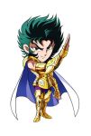  1boy armor blue_cape boots breastplate cape capricorn_shura chibi closed_mouth commentary_request fighting_stance fingerless_gloves gauntlets gloves gold_armor gold_saint green_eyes green_hair hand_up kotatsu_(g-rough) looking_at_viewer male_focus saint_seiya simple_background smile solo standing white_background 