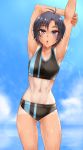  1girl :o armpits blue_sky buruma cowboy_shot day gluteal_fold hands_up idolmaster kikuchi_makoto leaning_to_the_side lens_flare looking_at_viewer navel parted_lips purple_hair short_hair sky solo sports_bra standing stretch tan tanline twrlare violet_eyes wet 