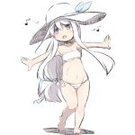  1girl :d bandeau bangs bare_arms bare_legs bare_shoulders barefoot bikini blue_eyes blue_ribbon blush breasts collarbone eighth_note hair_between_eyes hair_ribbon hat hibiki_(kantai_collection) highres kantai_collection long_hair looking_away looking_to_the_side low-tied_long_hair musical_note navel open_mouth outstretched_arms ribbon side-tie_bikini small_breasts smile solo spread_arms standing sun_hat swimsuit u-non_(annon&#039;an) very_long_hair white_background white_bikini white_hair white_hat 