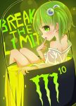  1girl bangs bare_shoulders bucket english eyebrows_visible_through_hair finger_to_mouth from_side green_eyes green_hair hair_bobbles hair_ornament highres inon kisume long_sleeves looking_at_viewer monster_energy off_shoulder open_mouth partially_submerged profile short_hair sitting solo touhou 
