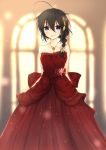  1girl :d absurdres ahoge bangs bare_shoulders black_hair blue_eyes blurry blurry_background blush braid breasts collarbone commentary_request dress eyebrows_visible_through_hair flower gem hair_between_eyes hair_flaps hair_flower hair_ornament hair_over_shoulder hairpin highres jewelry kantai_collection long_dress long_hair medium_breasts open_mouth pendant red_dress remodel_(kantai_collection) shigure_(kantai_collection) single_braid smile solo sparkle standing strapless strapless_dress uzuki_tsukuyo window 