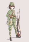  alternate_costume bayonet black_footwear black_hair brown_eyes gloves green_hat green_jacket green_pants gun hat holding holding_gun holding_weapon imperial_japanese_navy jacket kantai_collection longmei_er_de_tuzi looking_at_viewer military military_hat military_uniform pants sendai_(kantai_collection) simple_background smile two_side_up uniform weapon white_gloves 