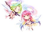  &gt;_&lt; 2girls :&lt; :3 ahoge angel_wings azriel_(no_game_no_life) blush breasts chibi closed_mouth crop_top facial_tattoo feathered_wings flying gloves gradient_hair green_hair halo ikasoke_(likerm6au) jibril_(no_game_no_life) long_hair low_wings magic_circle medium_breasts midriff mismatched_legwear multicolored_hair multiple_girls navel no_game_no_life pink_hair scarf shoes short_hair single_shoe smile stomach tattoo thigh-highs very_long_hair white_wings wing_ears wings x3 yellow_eyes 