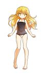  1girl alphes_(style) bangs bare_arms bare_legs bare_shoulders barefoot black_swimsuit blonde_hair braid breasts casual_one-piece_swimsuit collarbone dairi gluteal_fold hair_between_eyes highres kirisame_marisa looking_at_viewer one-piece_swimsuit one_eye_closed parody side_braid silent_sinner_in_blue single_braid small_breasts smile solo standing style_parody swimsuit tachi-e touhou yellow_eyes 