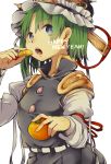  1girl bangs blue_eyes commentary_request eyebrows_visible_through_hair food fruit green_hair hand_up happy_new_year hat holding holding_fruit long_sleeves mandarin_orange new_year open_mouth shiki_eiki short_hair simple_background solo touhou upper_body wadante white_background 