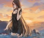  1girl battleship_hime black_dress black_hair breasts cleavage dress horns kantai_collection lady_dokuro large_breasts long_hair looking_to_the_side pale_skin partially_submerged red_eyes shinkaisei-kan short_dress solo sunset very_long_hair water 
