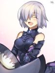  1girl armor bare_shoulders black_armor blush breasts closed_eyes eyebrows_visible_through_hair fate/grand_order fate_(series) hair_between_eyes hair_over_one_eye holding holding_shield holding_weapon mash_kyrielight medium_breasts nikame open_mouth shield short_hair signature simple_background smile solo weapon 