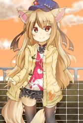  1girl animal_ears blonde_hair brown_eyes chaakusu coat coat_lift collar earrings fennery fox_ears fox_tail hat highres jewelry long_hair miniskirt shirt show_by_rock!! skirt skull_print smile t-shirt tail thigh-highs twilight zettai_ryouiki 