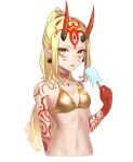  bikini_top blonde_hair breasts earrings facial_mark fate/grand_order fate_(series) food forehead_mark highres horns ibaraki_douji_(fate/grand_order) jewelry oni oni_horns pointy_ears popsicle small_breasts tattoo tongue tongue_out upper_body yellow_eyes yukihama 