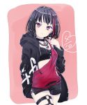  1girl bang_dream! bangs black_bra black_choker black_hair black_jacket black_shorts bob_cut bra chain_necklace choker clothes_writing commentary_request cowboy_shot cross-laced_clothes dated drawstring earrings hand_up heart hood hood_down hooded_jacket jacket jewelry light_frown long_sleeves looking_at_viewer mitake_ran muchise multicolored_hair o-ring paint_stains pendant pink_background red_shirt redhead shirt short_hair short_shorts shorts side_slit single_strap solo splatter_print streaked_hair studded thigh_strap torn_clothes torn_shirt underwear violet_eyes 