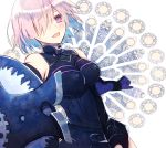  1girl armor bare_shoulders black_armor blush breasts commentary_request elbow_gloves fate/grand_order fate_(series) gloves hair_over_one_eye kanasiinezimakineko large_breasts lavender_hair looking_at_viewer mash_kyrielight open_mouth purple_gloves shield short_hair smile solo tagme violet_eyes 