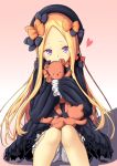  1girl abigail_williams_(fate/grand_order) asagi_nanami bangs black_bow black_dress black_hat blonde_hair bloomers blue_eyes bow bug butterfly closed_mouth dress fate/grand_order fate_(series) forehead gradient gradient_background hair_bow hat head_tilt heart highres insect long_hair long_sleeves looking_at_viewer object_hug orange_bow parted_bangs pink_background polka_dot polka_dot_bow sleeves_past_fingers sleeves_past_wrists smile solo stuffed_animal stuffed_toy teddy_bear underwear very_long_hair white_background white_bloomers 