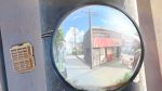  banishment blue_sky blurry_foreground bus clouds fisheye ground_vehicle highres motor_vehicle no_humans original outdoors power_lines reflection road scenery sky street summer telephone_pole traffic_mirror tree vending_machine 