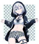  1girl ;p aoba_moka aqua_eyes bang_dream! black_choker black_jacket chain_necklace checkered checkered_background choker clenched_hands commentary_request cowboy_shot crop_top cross-laced_clothes drawstring groin hair_between_eyes hood hood_up hooded_jacket jacket jewelry leg_strap long_sleeves looking_at_viewer midriff muchise navel o-ring one_eye_closed paint_stains pendant short_hair short_shorts shorts solo splatter_print striped tongue tongue_out vertical-striped_shorts vertical_stripes white_hair 
