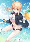  1girl ahoge artoria_pendragon_(all) artoria_pendragon_(swimsuit_archer) bangs bikini black_jacket blonde_hair blue_sky braid breasts cleavage day excalibur eyebrows_visible_through_hair fate/grand_order fate_(series) glowing glowing_sword glowing_weapon green_eyes highres holding holding_sword holding_weapon jacket looking_at_viewer medium_breasts nagiha_kuten navel ocean open_clothes open_jacket sky smile solo splashing swimsuit sword water_gun weapon white_bikini 