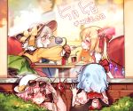  4girls bangs bat_wings black_hat blonde_hair blue_hair blush bow bush commentary crystal cup drinking_glass drinking_straw eyebrows_visible_through_hair eyewear_removed feeding flandre_scarlet food frilled_sleeves frills from_behind green_eyes hair_bow hat hat_bow highres komeiji_koishi komeiji_satori long_sleeves looking_at_another looking_inside multiple_girls no_hat no_headwear omurice open_mouth peeping pink_hair profile red_bow red_eyes remilia_scarlet shaded_face shan short_hair short_sleeves siblings side_ponytail sisters sunglasses sweatdrop third_eye touhou translated white_hair white_hat window wings yellow_bow yellow_neckwear yuri 