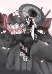  1girl battleship_hime black_hair black_kimono braid commentary_request hair_over_shoulder highres holding_branch horns japanese_clothes kantai_collection kimono lady_dokuro long_hair monster oriental_umbrella pale_skin red_eyes sandals shinkaisei-kan single_braid sitting solo turret umbrella very_long_hair white_skin 