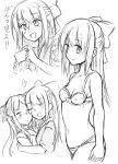  2girls =_= asakaze_(kantai_collection) bare_shoulders bow bra breasts cellphone drooling greyscale hair_bow heart ichimi kamikaze_(kantai_collection) kantai_collection long_hair meiji_schoolgirl_uniform monochrome multiple_girls panties phone sketch small_breasts smartphone translation_request underwear 
