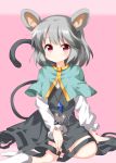  1girl animal animal_ears animal_on_lap aqua_capelet arm_support bangs capelet crystal expressionless eyebrows_visible_through_hair gradient gradient_background grey_hair grey_skirt grey_vest hair_between_eyes highres jewelry long_sleeves looking_at_viewer mouse mouse_ears mouse_tail nazrin on_ground pendant pink_background red_eyes ruu_(tksymkw) shirt short_hair simple_background sitting skirt skirt_set solo tail touhou vest white_legwear white_shirt yokozuwari 