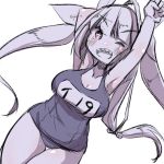  +_+ 1girl arms_up bangs blue_swimsuit blush breasts character_name dutch_angle eyebrows_visible_through_hair hair_ornament hair_ribbon highres i-19_(kantai_collection) kantai_collection large_breasts long_hair name_tag old_school_swimsuit one-piece_swimsuit one_eye_closed open_mouth red_eyes ribbon school_swimsuit sharp_teeth solo swimsuit teeth thigh_gap tri_tails u-non_(annon&#039;an) v-shaped_eyebrows very_long_hair 