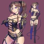  1girl breasts brown_hair cleavage collarbone commentary_request dominatrix eyebrows_visible_through_hair garter_straps garters hair_between_eyes holding leather leather_gloves licking_lips mitake_eiru multiple_views original ponytail purple_eyes simple_background tongue tongue_out violet_eyes whip 