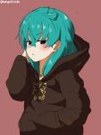  1girl animal_ears blue_hair blush cat_ears commentary_request eyebrows_visible_through_hair hand_in_hair hand_in_pocket hood hood_down hoodie kemono_friends long_sleeves sand_cat_(kemono_friends) short_hair solo tsuchinoko_(kemono_friends) turbo_engine_(rakugaki_tabo) upper_body 