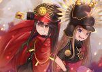  2girls arm_up bangs black_capelet black_hat black_jacket brown_hair cape capelet chacha_(fate/grand_order) commentary_request dutch_angle eyebrows_visible_through_hair family_crest fate/grand_order fate_(series) fur_collar gloves grin hair_between_eyes hand_on_hip hat holding holding_sword holding_weapon jacket katana koha-ace long_hair long_sleeves looking_at_viewer miko_fly military_hat multiple_girls oda_nobunaga_(fate) oda_uri peaked_cap pixiv_fate/grand_order_contest_2 red_cape red_eyes see-through smile sword very_long_hair violet_eyes weapon white_gloves 