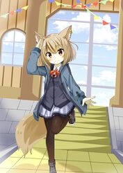  1girl absurdres animal_ears black_legwear bow bowtie chaakusu ear_piercing fennery fox_ears fox_tail highres hood hoodie light_brown_hair long_sleeves miniskirt open_clothes open_hoodie orange_eyes pantyhose piercing shirt short_hair show_by_rock!! skirt smile stairs tail 