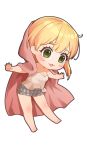  1girl :3 absurdres blonde_hair blush_stickers breasts chibi cleavage cloak green_eyes highres hood hooded_cloak hpb8642 idolmaster idolmaster_cinderella_girls miyamoto_frederica short_hair shorts solo strapless 