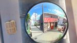  banishment blue_sky blurry blurry_background bus clouds fisheye ground_vehicle highres motor_vehicle no_humans original outdoors power_lines reflection road scenery sky street summer telephone_pole traffic_mirror tree vending_machine 
