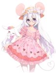  1boy animal_ears bangs blue_eyes bow commission dress frilled_dress frills glasses hat highres long_hair looking_at_viewer original rabbit runastark smile tail trap upper_body white_hair 