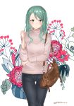  1girl alternate_costume bag bang_dream! closed_mouth cowboy_shot denim elbow_on_arm floral_background flower_request green_eyes green_hair hand_up handbag hikawa_sayo jeans long_hair pants ribbed_sweater shoulder_bag solo sweater t7s-kuroro thigh_gap twitter_username white_background 