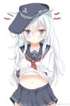  1girl black_hat black_sailor_collar black_skirt blue_eyes blush collarbone flat_cap hair_between_eyes hat hibiki_(kantai_collection) kantai_collection lifted_by_self long_hair long_sleeves neckerchief pinoaisu pleated_skirt red_neckwear sailor_collar sailor_shirt school_uniform serafuku shirt shirt_lift silver_hair simple_background skirt solo white_background white_shirt 