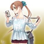  1girl akigumo_(kantai_collection) alcohol bag beer beer_can brown_hair can fujikawa green_eyes hair_ribbon kantai_collection long_hair long_ponytail looking_at_viewer machinery official_art ponytail ribbon smile 