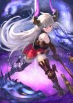  1girl armored_boots axe bare_shoulders boots brown_gloves closed_mouth commentary_request dragon elbow_gloves gloves granblue_fantasy grey_hair hair_between_eyes highres holding holding_weapon horns legs_apart long_hair looking_at_viewer red_eyes red_skirt skirt smile solo standing thalatha_(granblue_fantasy) thigh-highs thigh_boots wasabi60 weapon 