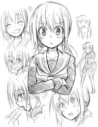  1girl ^_^ banana blush closed_eyes crossed_arms food fruit greyscale grin hug ichimi kantai_collection low_twintails monochrome open_mouth satsuki_(kantai_collection) school_uniform serafuku sexually_suggestive sketch skirt smile solo twintails 