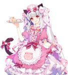  animal_ears bangs bow cake cat_ears cat_tail commission cup dress dress_lift food frilled_dress frills hairband lolita_fashion lolita_hairband long_hair looking_at_viewer maid maid_headdress open_mouth original pink_eyes runastark smile tail tail_bow teacup twintails white_hair 