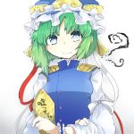  1girl bangs blue_eyes blush buttons closed_mouth commentary_request eyebrows_visible_through_hair green_hair hat highres holding long_sleeves looking_at_viewer shiki_eiki short_hair simple_background solo touhou upper_body wadante white_background 