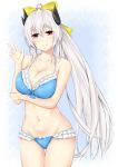  1girl absurdres bikini blue_bikini blush bow breasts eyebrows_visible_through_hair fate/grand_order fate_(series) frilled_bikini frills grey_hair hair_between_eyes hair_bow highres horns kiyohime_(fate/grand_order) kiyohime_(swimsuit_lancer)_(fate) large_breasts long_hair looking_at_viewer navel pixiv_fate/grand_order_contest_2 ponytail red_eyes smile solo swimsuit v very_long_hair yellow_bow yuyusuika 