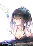  1girl absurdres black_dress black_gloves black_hair blue_eyes breasts cleavage collarbone dress elbow_gloves flower gloves hair_between_eyes hair_flower hair_ornament heterochromia highres long_hair milktower original ponytail sleeveless sleeveless_dress yellow_eyes 